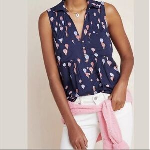 Maeve by Anthropologie Blue Sleeveless Pleated Blouse with Balloon print-Size M